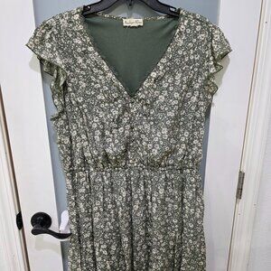 Indigo Rose Green Floral Print V-Neck Dress Midi Ruffle Cap Sleeve Elastic Waist